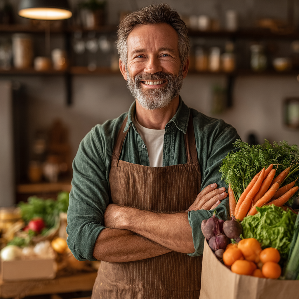 A satisfied middle-aged man in his late 40s holding fresh groceries and smiling confidently, representing successful nutrition planning