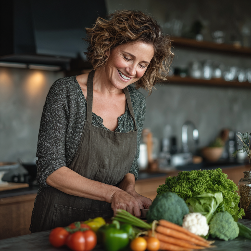 A smiling middle-aged woman in her 40s preparing fresh vegetables in a modern kitchen, representing healthy meal planning
